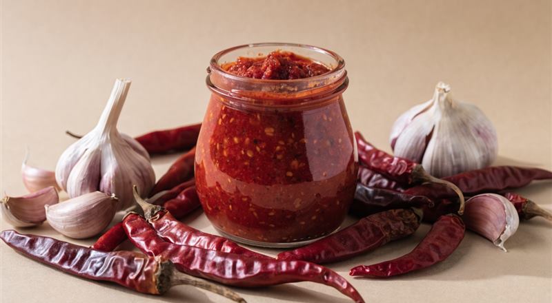 Harissa chili paste in jars